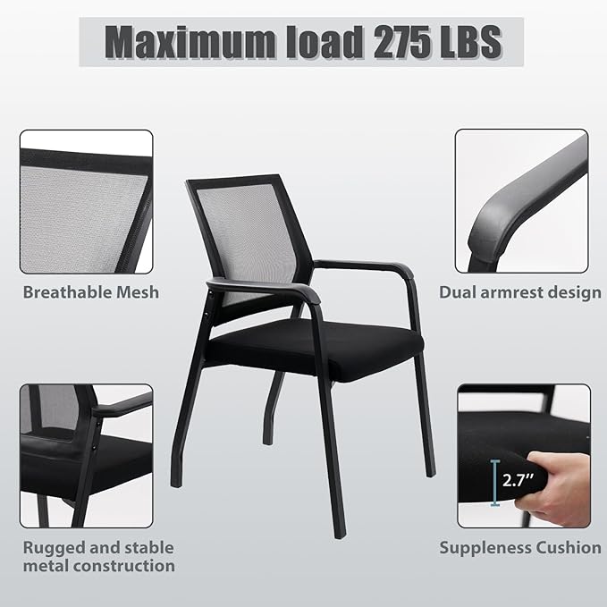 Ergonomic Mesh Guest Chair – No Wheels, Lumbar Support Design, Thick Cushion & Padded Arms – for Office Reception, School, Church Waiting Rooms, Lobby – Black