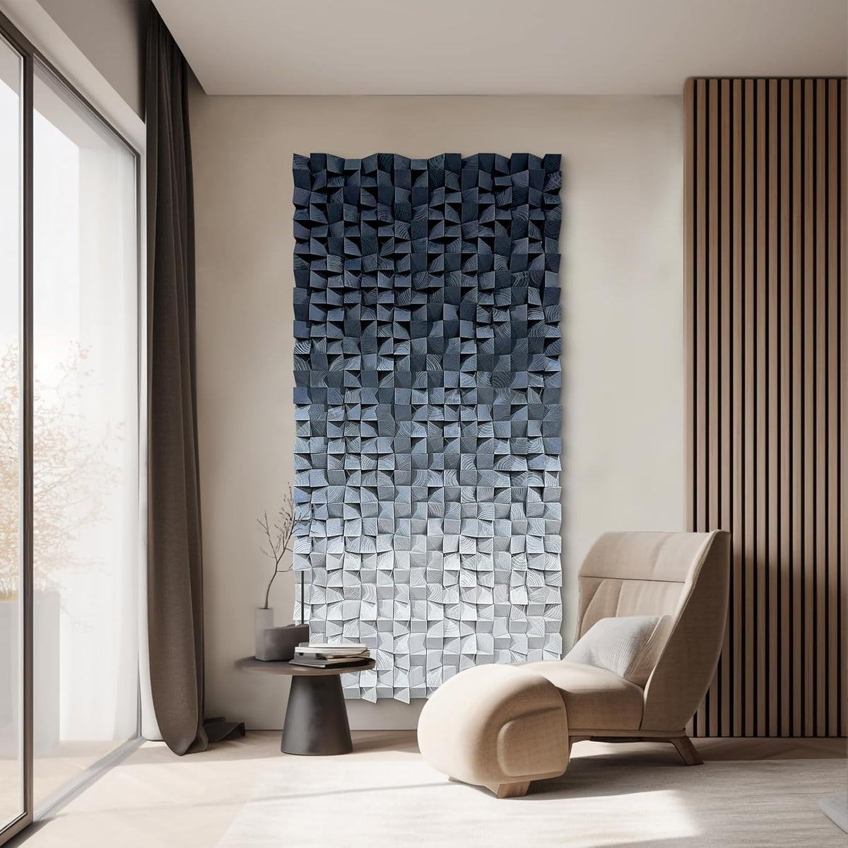 LIUZEYUE - 3D wooden block decoration painting art wall decoration 3D wooden background wall living room bedroom study (blue gray gradient) 35.4"x70.8"