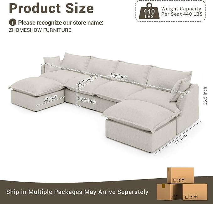 146” Oversized Modular Sectional Sofa, Comfy Down Fill Cloud Couch with Detachable Cover, U Shaped Sectional Couches for Living Room, 4 Seater Modular Couch with 2 Ottomans, Light Gray