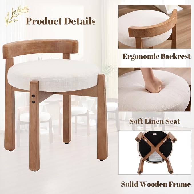 Modern Vanity Chair Upholstered Small Ottoman Footstool, Make Up Stool Linen Fabric with Backrest Wooden Frame for Living Room Bedrooms, 2PCS, Beige