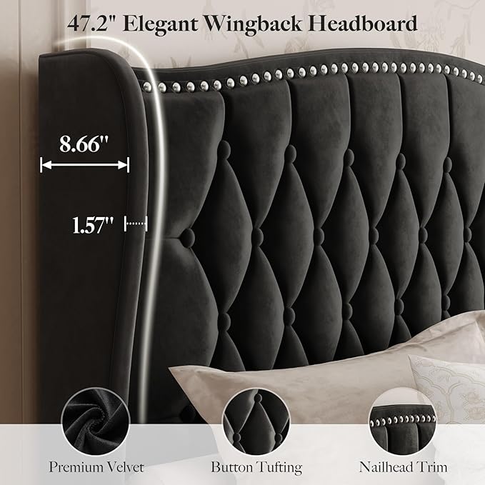 Belffin Queen Bed Frame with Headboard, Luxury Upholstered Velvet Platform Bed with Wingback, Button Tufted & Nailhead Trim, Anti-Slide Tall Footboard, No Box Spring Needed, Noise-Free, Black