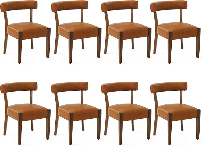 Modern Dining Chairs Set of 8, Faux Leather Upholstered Kitchen & Dining Room Chairs, Mid Century Modern Wooden Dining Chairs Oversized Sturdy Rounded Chairs Curved Back, Brown