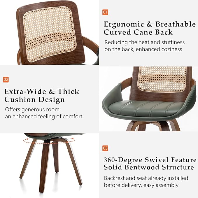 Set of 4 Green Rattan Dining Chairs - Mid Century Modern Dining Chairs with Walnut Bentwood Frame, Ergonomic Rattan Back, Curved Arms, Versatile for Living Room/Conference/Kitchen (Walnut Green)