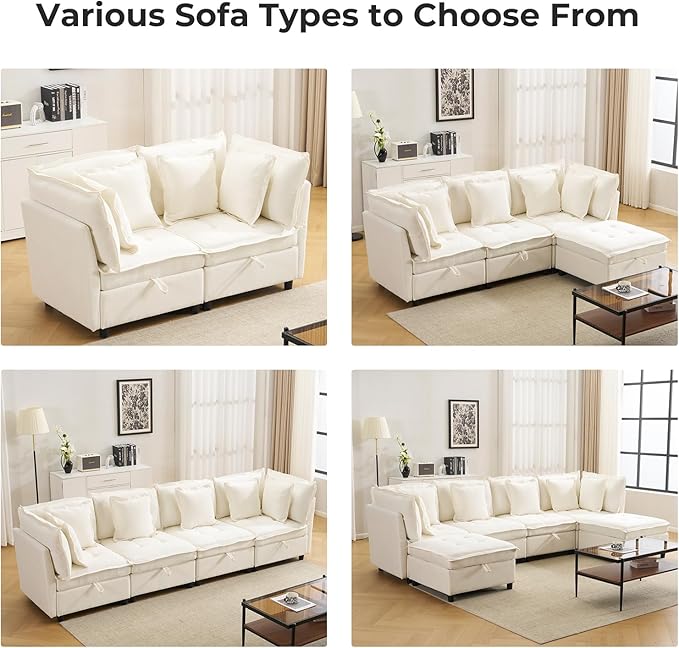 133" Modular Sectional Sofa, Comfy Cloud Couch Sectional Sofa with Large Storage, Chenille Sofa Sleeper Deep Seat Sofa with Throw Pillows for Living Room, U Shaped Sofa, White