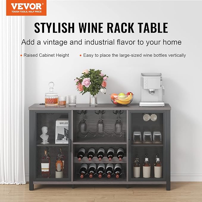 VEVOR 55 Inch Industrial Bar Cabinet, Wine Table for Liquor and Glasses, Sideboard Buffet Cabinet with Wine Rack, Freestanding Farmhouse Wood Coffee Bar Cabinet for Living Room, Home Bar, and Kitchen