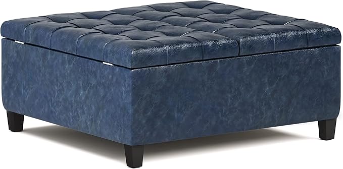 SIMPLIHOME Harrison 36 inch Wide Transitional Square Coffee Table Storage Ottoman in Denim Blue Vegan Faux Leather, Assembled, For the Living Room and Bedroom