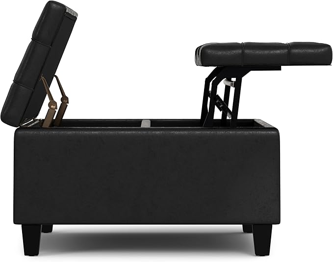 SIMPLIHOME Harrison 30 inch Wide Transitional Square Small Coffee Table Storage Ottoman in Distressed Black Vegan Faux Leather, Assembled, for The Living Room and Bedroom