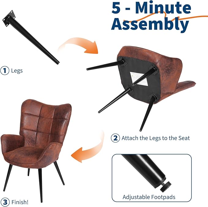 Modern Dining Room Chairs, Mid Century Faux Leather Kitchen Chairs with Back Support and Metal Legs, Accent Dinner Chair for Kitchen, Dining Room, Living Room, Restaurant, Brown