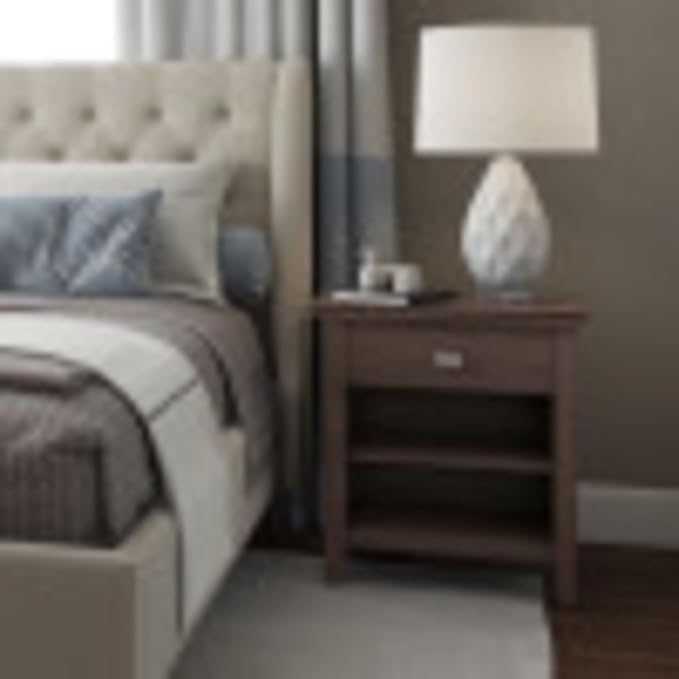 SIMPLIHOME Artisan Bedside Table - 24 inch Wide Solid Wood Nightstand Table in Warm Walnut Brown, Contemporary Bedroom Side or End Table with 1 Drawer, Open Shelf Storage and Bronze Knobs