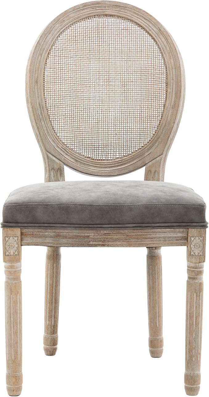 Farmhouse Leather Dining Room Chairs Set of 2 French Dining Chairs with Round Rattan Back French Bistro Chairs for Dining Room/Living Room/Kitchen/Restaurant, Grey