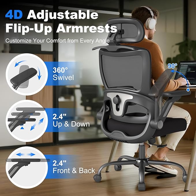 ZZH Ergonomic Office Chair, High Back Home Desk Chair with Adjustable Lumbar Support, Headrest, Flip-Up Arms, 90-135° Tilt Lock and Wide Cushion, Big and Tall Mesh Computer Seating with Wheels