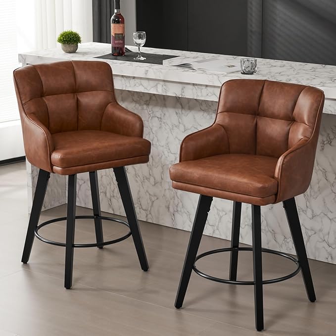 360°Swivel Counter Height Bar Stools with Back, 26 inch Solid Wood Legs, Bar Stool Modern Kitchen Island Chairs, Faux Leather (Brown- Faux Leather, 26" H- Set of 3)