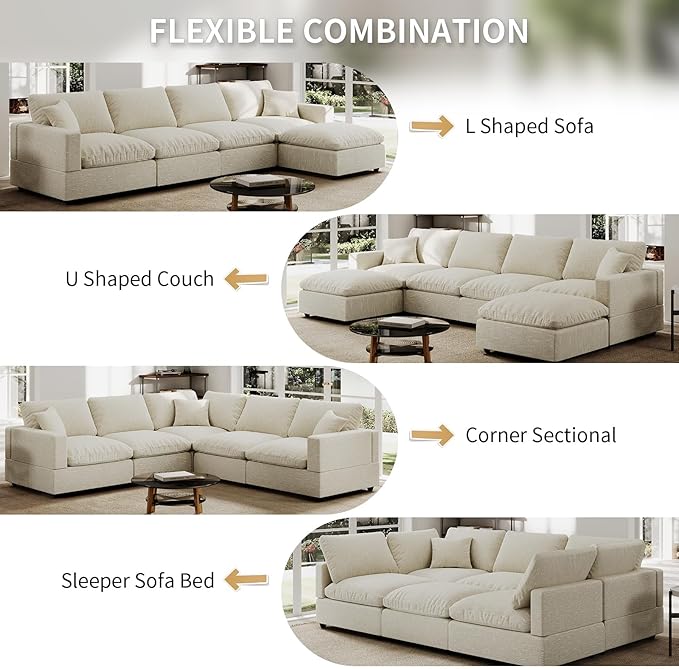 Modern Sectional Linen Cloud Couch for Living Room V-Shape Sofas,5 Seat Modular Sofas with Ottoman,Couches Cushion Covers Removable,Cozy Feather Down Sofa for Apartment Beige