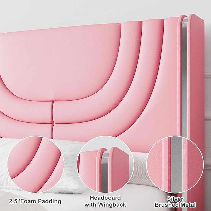 Queen Bed Frame with LED Lights, Faux Leather Upholstered Bed with Wingback Headboard, Modern Bed Frame, No Box Spring Needed, Easy Assembly, Pink