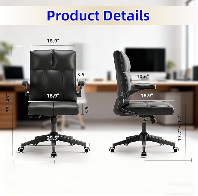 Ergonomic Home Office Desk Chair with Space Saving Flip-Up Arms, 360° Swivel & Reclining Back, High-Back Executive Chair in Soft Faux Leather Chair Multi-Angle from 90° to 135°（Gray）
