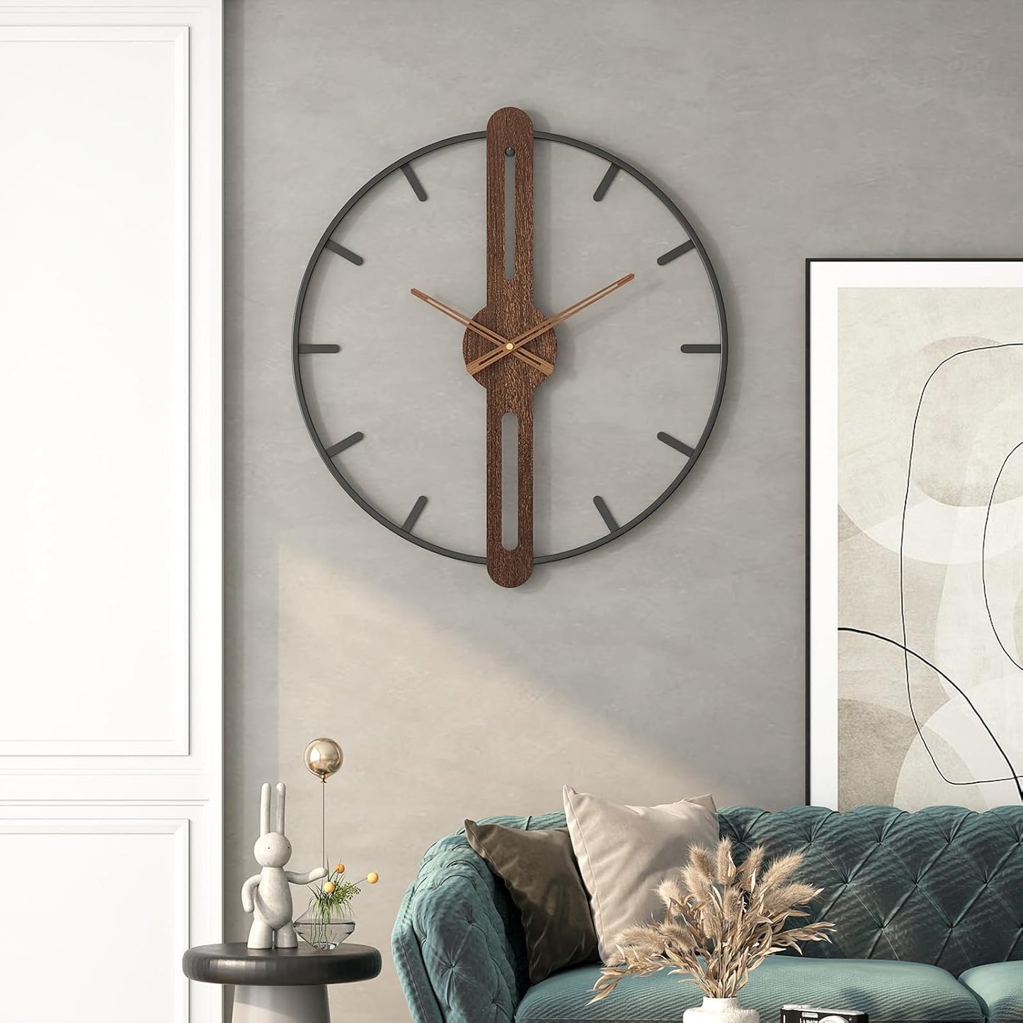 Modern Walnut Dial Wall Clock, Wood Large Wall Clock Decor Metal Frame Silent Non Ticking for Living Room, Bedroom, Kitchen, Study Decoration, Handmade Home Gift Idea, 28 in (70 cm)
