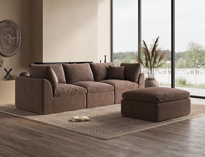 110" Cloud Sectional Couches for Living Room, Boneless L-Shape Couch with Ottoman, 3 Seater Modular Sectional Sofa, Brown