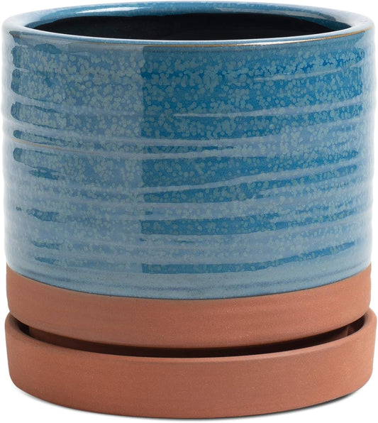 6 Inch Plant Pots, Ceramic Planter Pot with Drainage Hole & Saucer, Indoor/Outdoor Cylinder Round Planter Pot, Aqua Blue & Terracotta Red