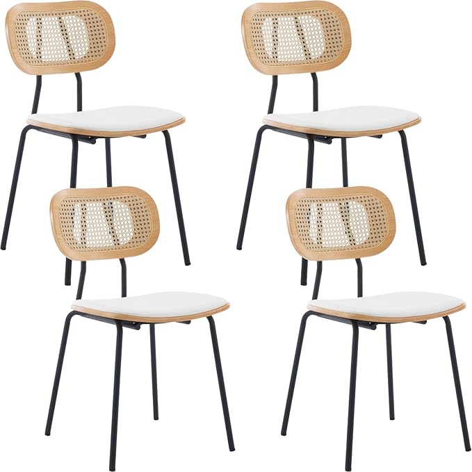 Mid-Century Modern Rattan Cane Back Dining Chairs Set of 4 — PU Leather Upholstered Seat, Black Metal Legs, Kitchen Side Chairs for Kitchen & Dining Room, White