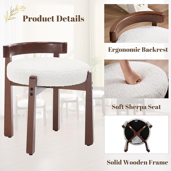 Modern Vanity Chair Upholstered Small Ottoman Footstool, Make Up Stool Sherpa Fabric with Backrest Wooden Frame for Living Room Bedrooms, 1PC, White