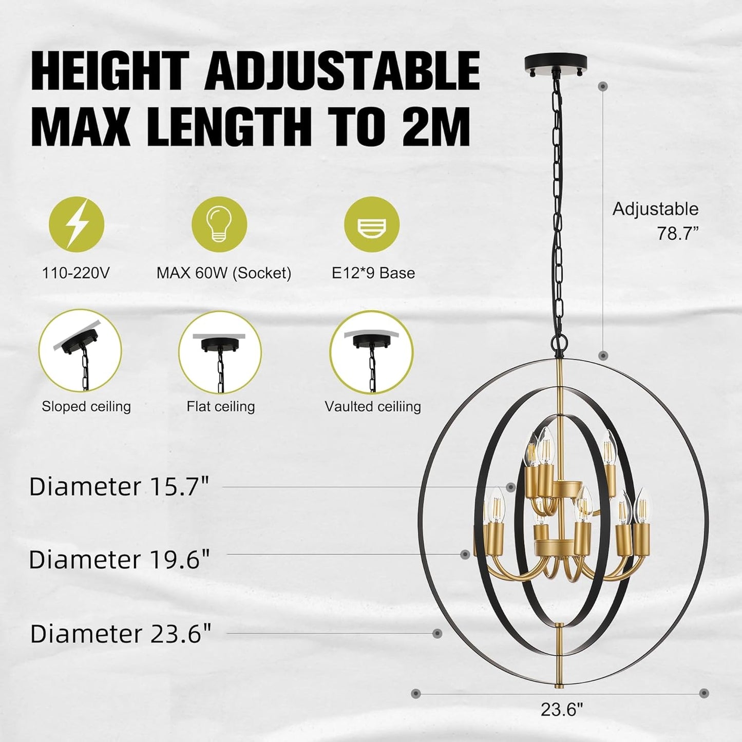 9-Light Globe Rustic Metal Chandelier, 23.6" Black Gold Adjustable Hanging Ceiling Pendant Light Fixture for Entryway Foyer Stairway Bedroom Dining Living Room Hallway