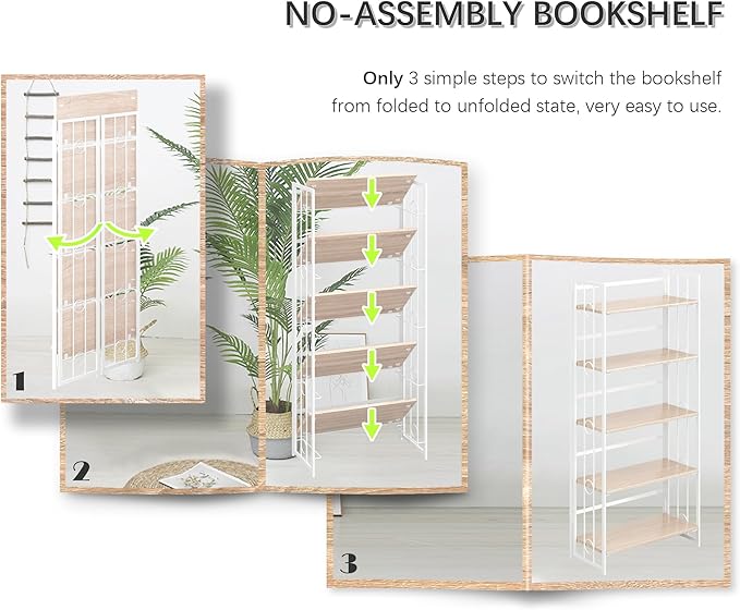 4NM No Assembly 5 Tiers Folding Bookshelf, 59.4" H Foldable Storage Shelves Vintage Bookcase Standing Racks Study Organizer Home Office - Natural White
