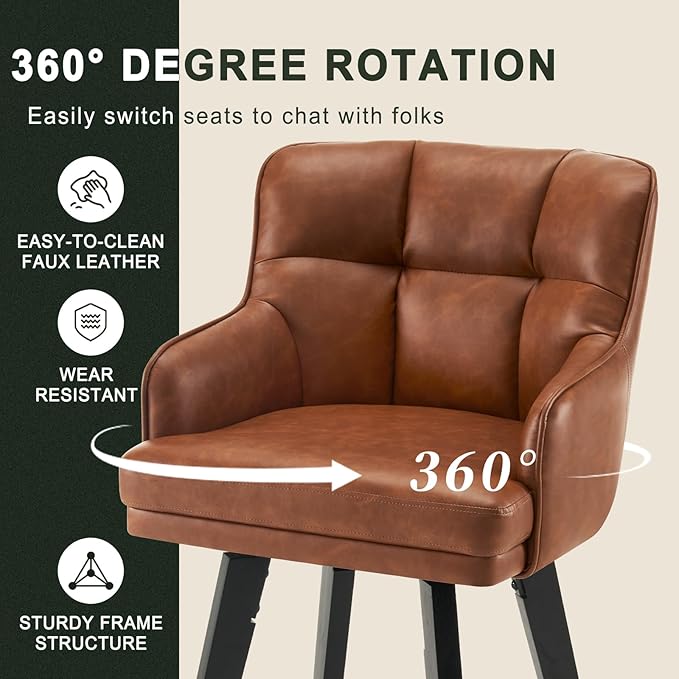 360°Swivel Counter Height Bar Stools with Back, 30 inch Solid Wood Legs, Bar Stool Modern Kitchen Island Chairs, Faux Leather (Brown- Faux Leather, 30" H- Set of 3)