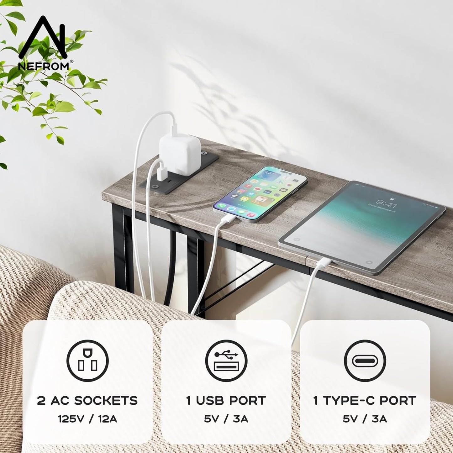 63'' Console Table, Skinny Entryway Table with Fast-Charging Station, Narrow Long Sofa Table, Behind Slim Couch Table for Entrance, Hallway, Living Room Decor ST-GY160-1