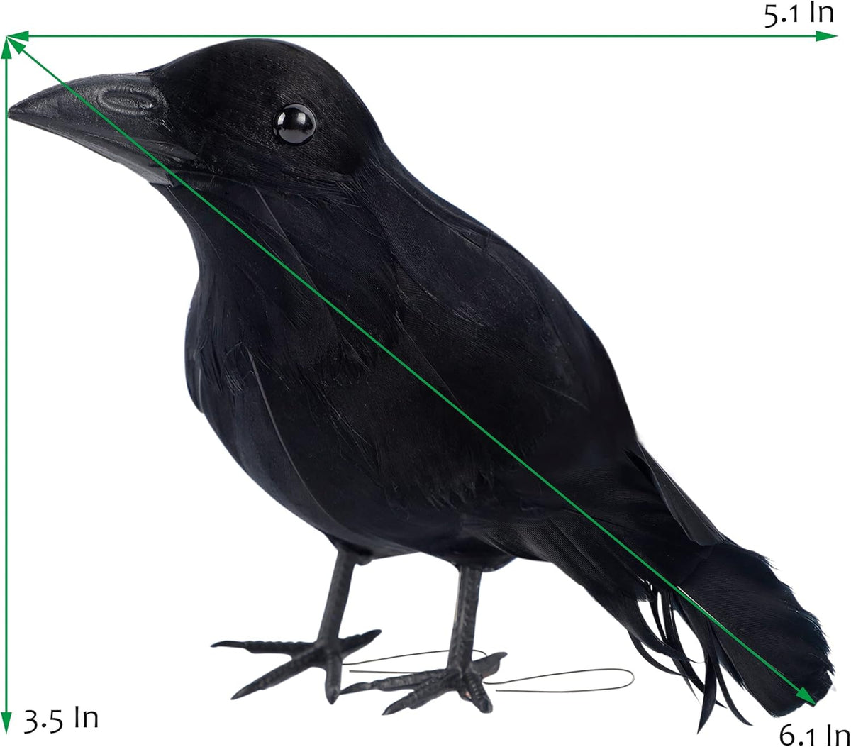 ATDAWN 6 Pack Halloween Black Feathered Crows, Realistic Halloween Birds Decoration for Spooky Decor