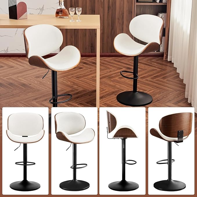 Furniliving Adjustable Bar Stools Set of 2, Swivel Bentwood Barstools Counter Height Bar Stools, Ergonomic Modern Bar Stools with Back Upholstered Barstools for Dining Room, Kitchen, Bar, White, PU