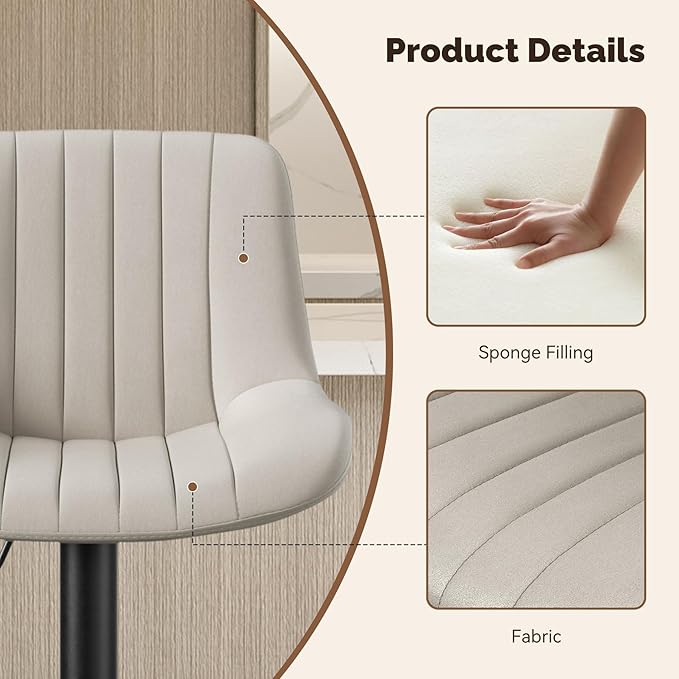 Nalupatio Bar Stools Set of 4, Adjustable Modern Swivel Bar Stools with Backs, Counter Height Performance Fabric Island Chairs for Home Kitchen, Light Gray