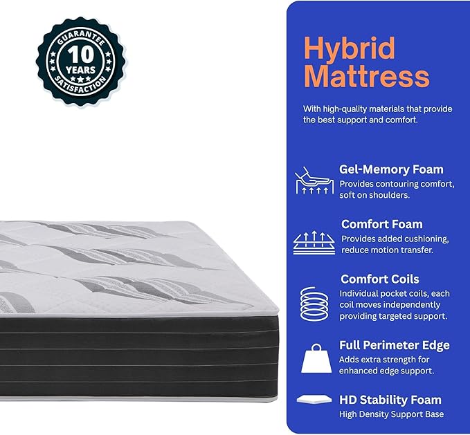 Roam 2.0 RV 12" Hybrid Mattress with Gel Memory Foam, RV Short Queen 60x74 Mattress, Luxury Medium Feel Made in USA