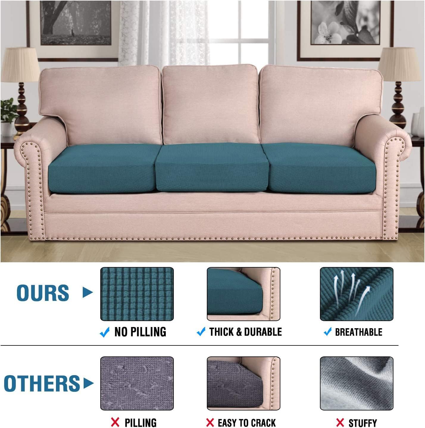 H.VERSAILTEX Super Stretch Individual Seat Cushion Covers - Sofa & Couch Cushion Slipcover Sets - Thick Jacquard Textured Twill Fabric (3 Piece XL Sofa Cushion Covers, Deep Teal)