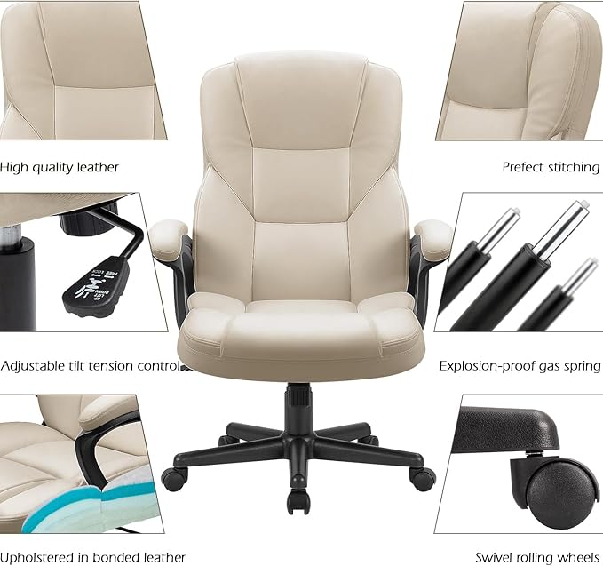 Furmax Office Executive Chair High Back Adjustable Managerial Home Desk Chair, Swivel Computer PU Leather Chair with Lumbar Support (Beige)