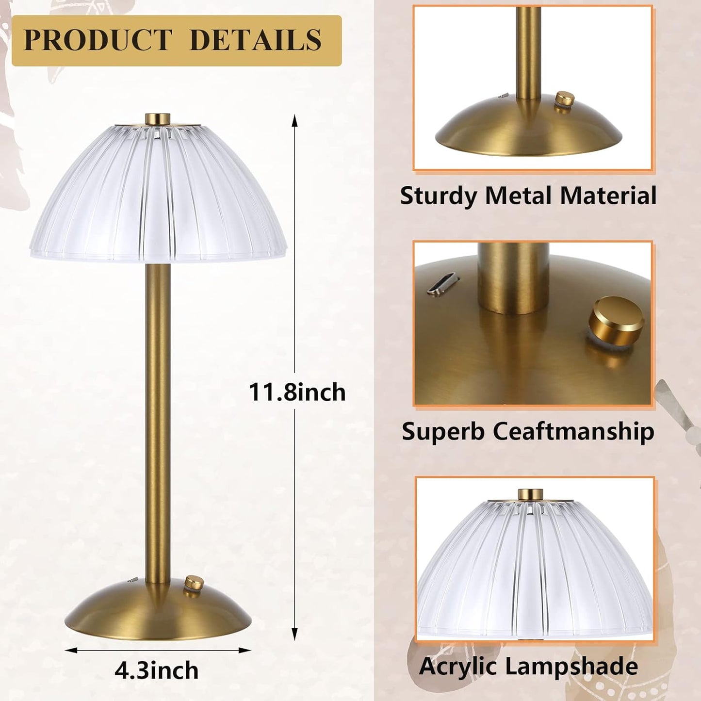 Liliful 4 Pcs LED Portable Cordless Table Lamp Touch Battery Operated Rechargeable Desk Lamp 3 Color Dimmable for Bedroom Living Room Dining (Mushroom Style,Gold)
