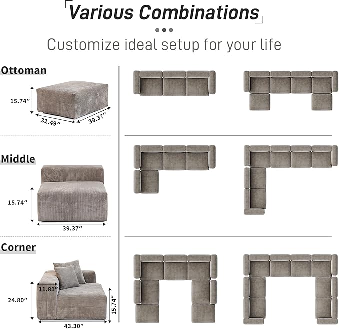 WJShome Cloud Couch Modular Sectional Sofa,181.1inch U Shaped Couch,Oversized Corduroy Couches with Ottoman and 6 Pillows,Brown 6 Seater,Cushion Covers Removable& Washable