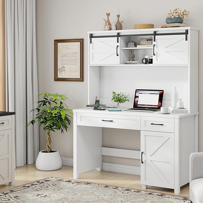 Farmhouse 47" Executive Computer Desk with 2 Drawers and Storage Cabinet, Home Office Desk with Hutch and Charging Station, Workspace for Work and Study (Cream White).