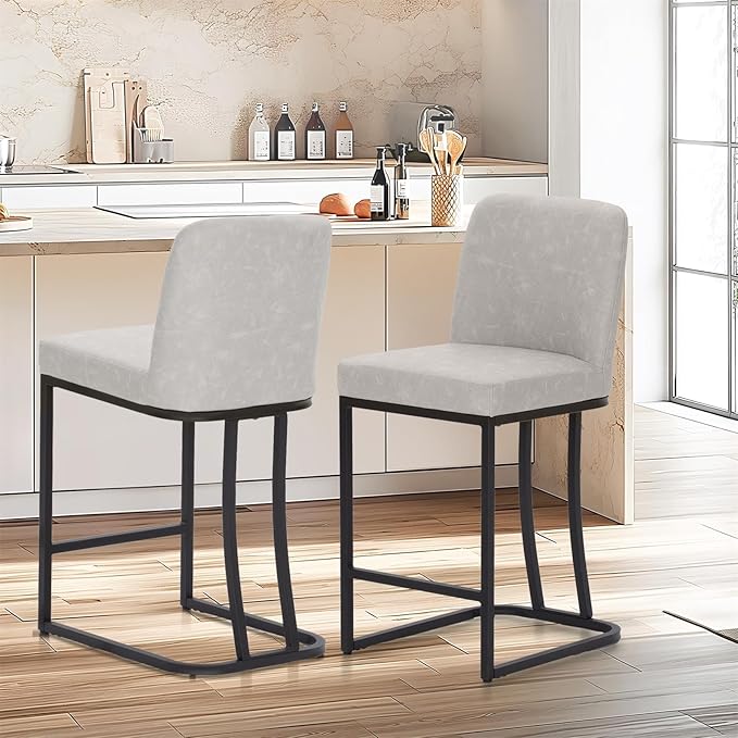 Sophia & William Bar Stools, Counter Height 24" Counter Stools for Kitchen Island, Modern PU Leather Bar Stools with Backrest,Light Grey,1PC