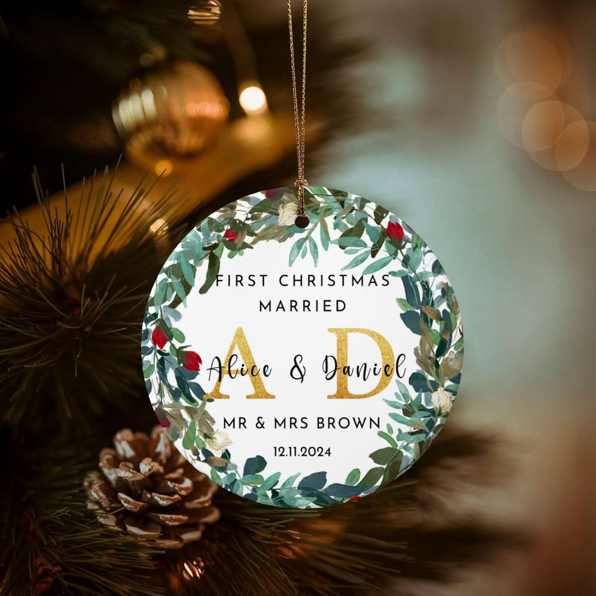 Personalized First Christmas Married Ornament 2025 Custom Mr and Mrs Wedding Christmas Ornaments with Name Date for Couples,Double-Sided Ceramic Customized Engagement Ornament