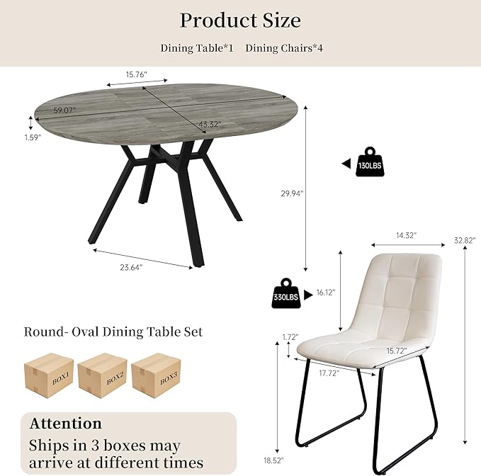 Extendable Round Dining Table Set for 4 People, 43.3"-59.1" Extendable Kitchen Table with 4 Upholstered Chairs, Space Saving for Kitchen Dining Room (Grey Table+4 U-Shaped White Chairs)