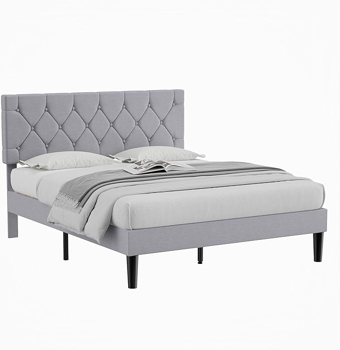 VECELO Full Bed Frame with Headboard, Upholstered Platform Bedframe with Wooden Slat Support, Button Tufted Design, No Box Spring Needed, Linen Grey