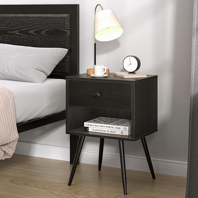 VECELO Nightstands Set of 2, Mid Century Modern End Bedside Table, Night Stand with Storage Drawer and 2 Tiers Open Shelf for Small Place, Bedroom, Living Room, Easy Assembly, Black