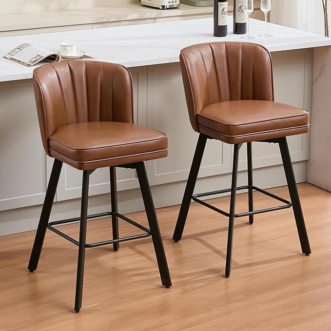 Swivel Counter Height Bar Stools Set of 4, 30'' Modern Barstools with Backs and Metal Legs, Upholstered Bar Chairs, Faux Leather Dark Brown Stools for Kitchen Island Chairs