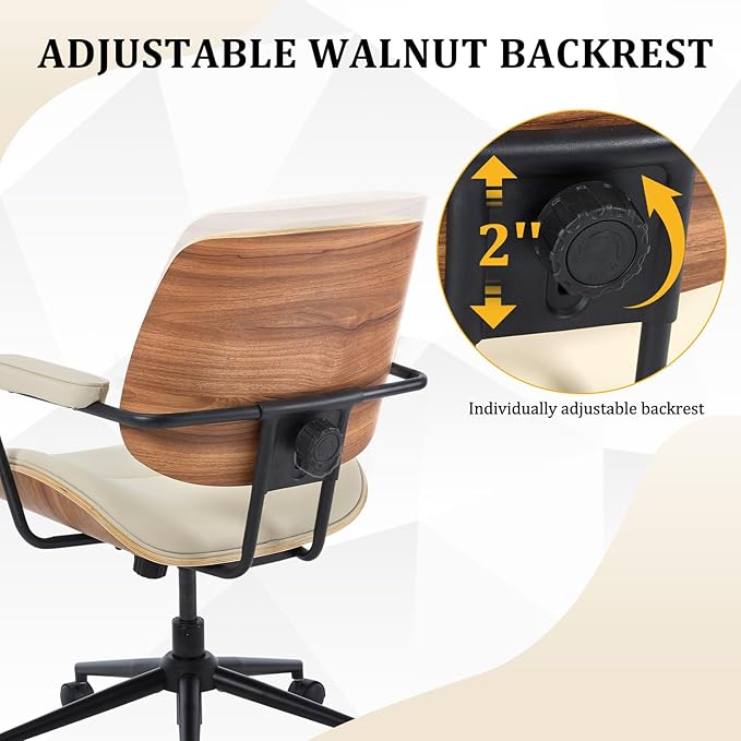 BV Mid Century Modern Office Chair Set of 1, Swivel Rolling Deak Chair with Armrests and Walnut Back, Adjustable Desk Chair for Home Office, Beige