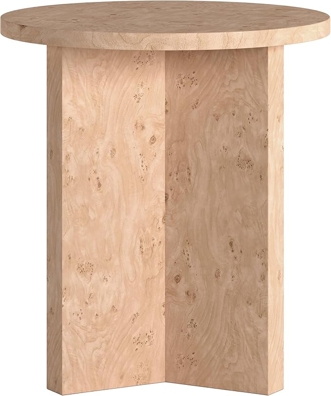 Henn&Hart 20" Scandinavian Round Wooden End Table, Side Table, Nightstand with X-Base for Living Room, Office, Family Room, or Bedroom, Blond Burl