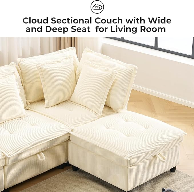 133" Modular Sectional Sofa, L-Shaped Corduroy Comfy Sectional Couches for Living Room, 3-Seater Cloud Couches with 1 Ottoman, Modern Deep Seat Sofa with Large Storage, Corduroy Beige