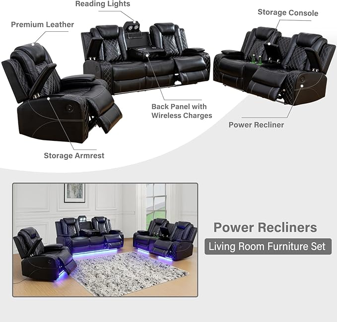 Power Recliner Sofa Set with LED, Black Leather Reclining Living Room Sofa, Muti-Functional Recliner Sofa and Couch with Storage Console/Cup Holders/USB Ports