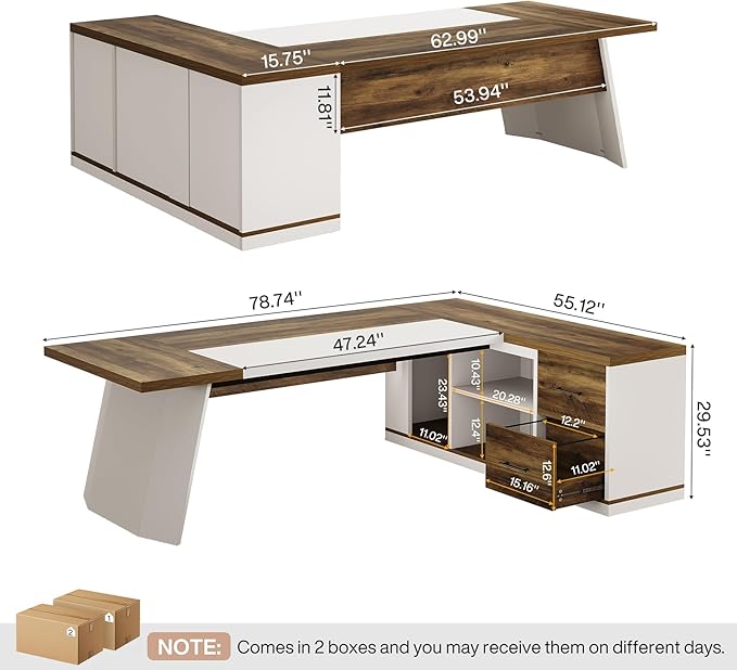 Tribesigns 78.7" L-Shaped Executive Desk, Modern Office Desk with 55.1" Storage Cabinet, Large Computer Table with Drawers and Shelves, Business Furniture Workstation for Home Office, Brown & White