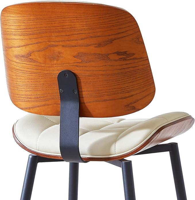 Mid Century Modern Bar Stools Set of 3 for Kitchen Island,Upholstered Beige Faux Leather Counter Height stools,26 Inch Counter stools with Walnut Grain Back