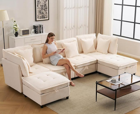 133'' Modular Sectional Sofa, Oversized U Shaped Couch with Storage Ottoman, Comfy Chenille Sofa with Deep Seat, 6 Seat Convertible Couches with Throw Pillows for Living Room, Beige